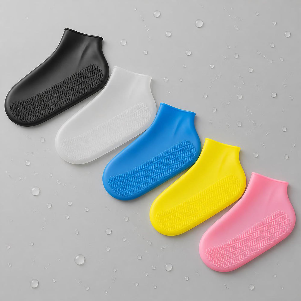 A family wearing shoe covers in different colors