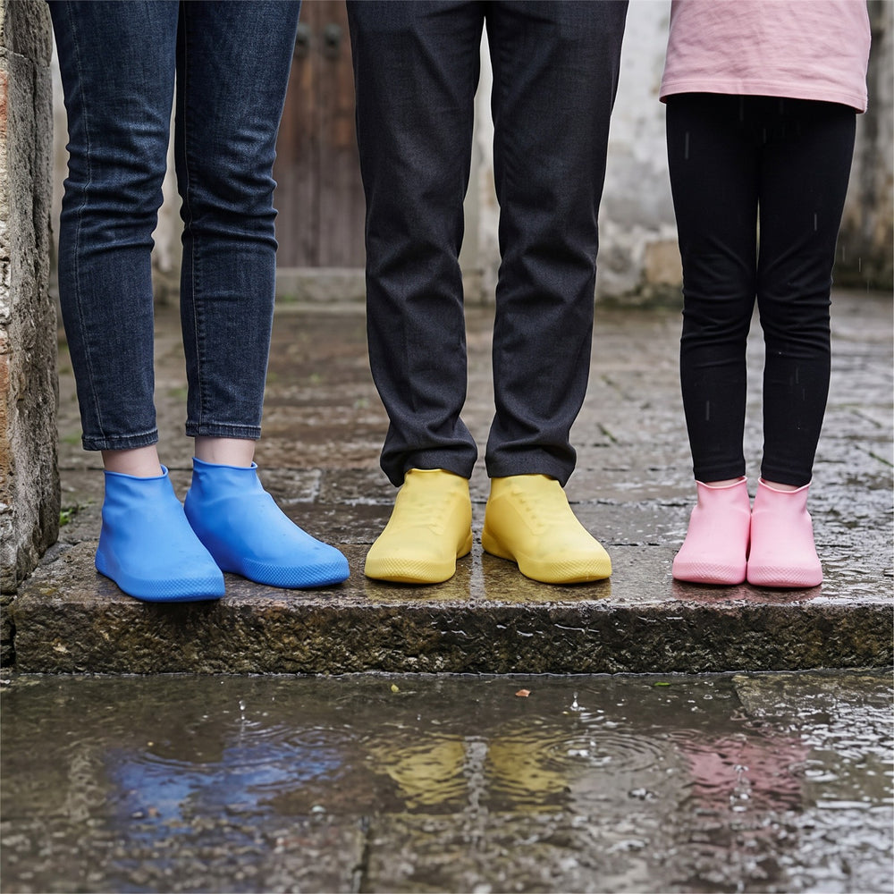 Shoe covers worn over sneakers on a rainy street