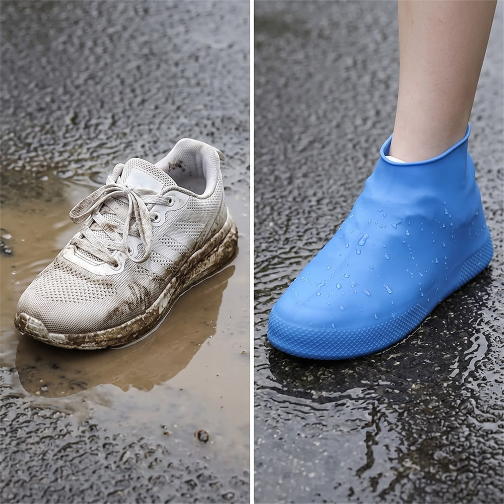 Shoe covers in three colors on wet pavement